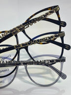 Chanel eyeglass frames angled view, gold chain temple detail and logo accents