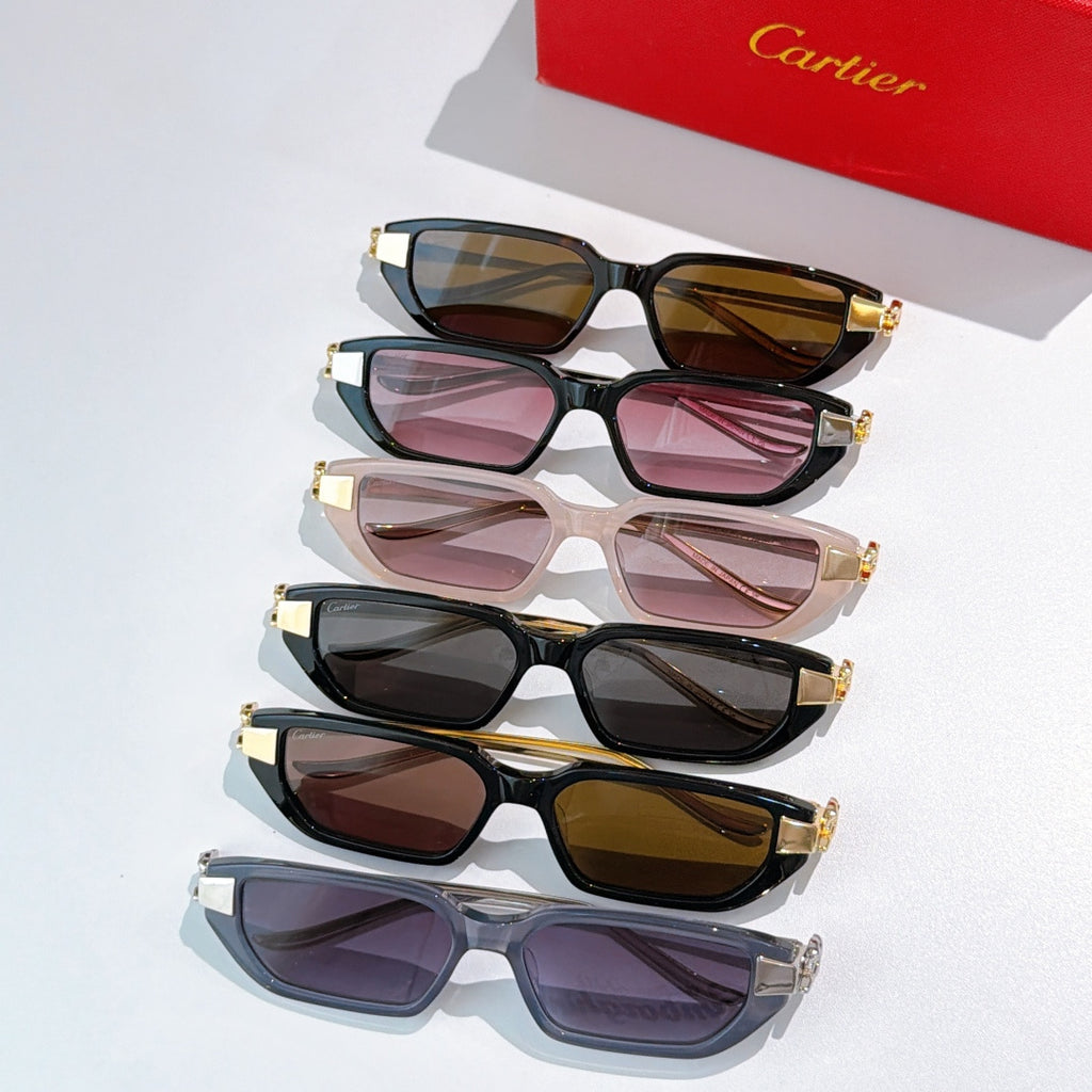 Row of sunglasses with various tinted lenses and gold-tone accents