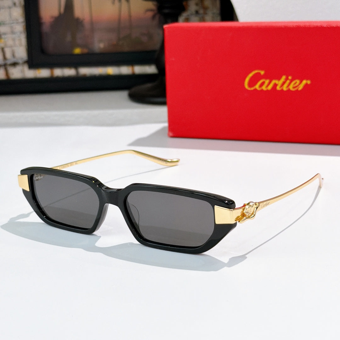 Black sunglasses with dark lenses and gold-tone temple ornament