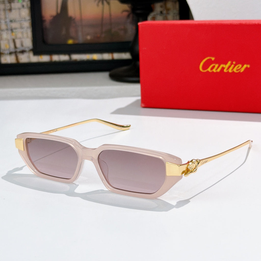 Light pink sunglasses with rose-tinted lenses and gold-tone emblem