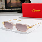 Light pink sunglasses with rose-tinted lenses and gold-tone emblem