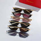 Stack of sunglasses with mixed frames and tinted lenses, gold-tone accents