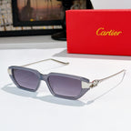 Blue-gray sunglasses with purple-tinted lenses and gold-tone logo bridge