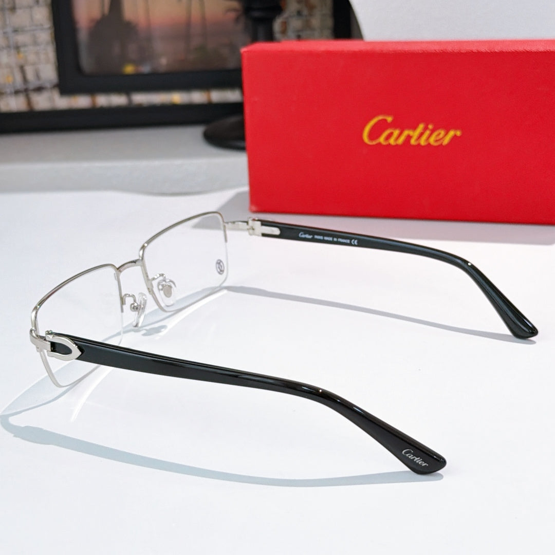 Cartier eyeglasses in dark frame with clear lenses, side profile view.