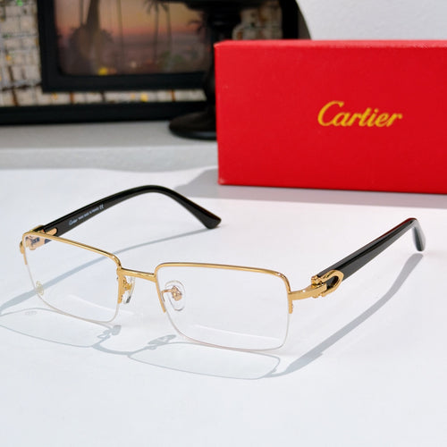 Cartier eyeglasses with gold frame and clear lenses, black temple tips visible.