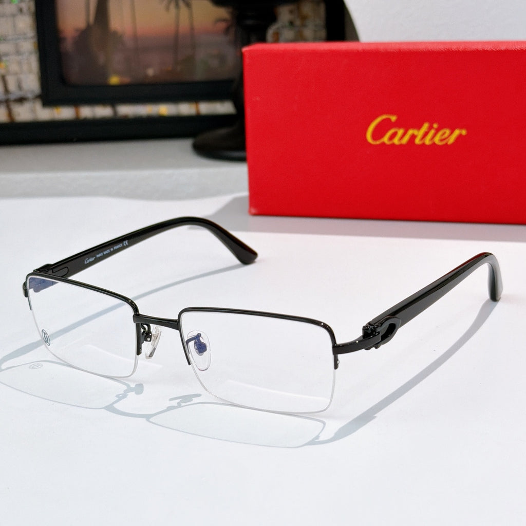 Cartier eyeglasses with black frame and clear lenses, side temple detail visible.