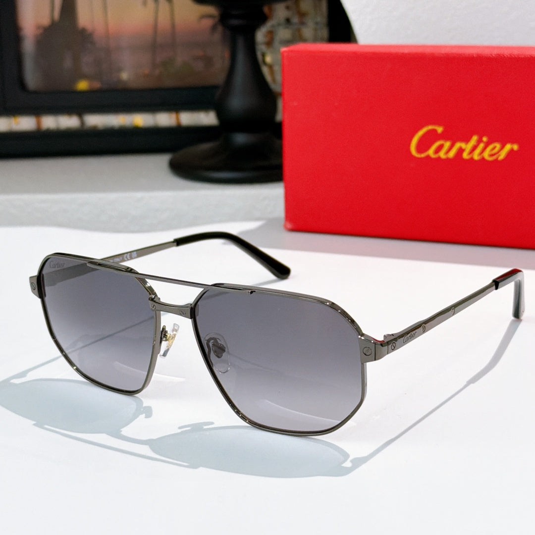 Cartier sunglasses: dark lenses, gunmetal frame, black temple arms.