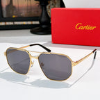 Cartier sunglasses: brown lenses, gold frame, black temple accents.