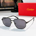 Cartier sunglasses: dark gray lenses, black frame, metal hinge detailing.