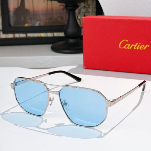 Cartier sunglasses: blue lenses, silver frame, black temple accents.