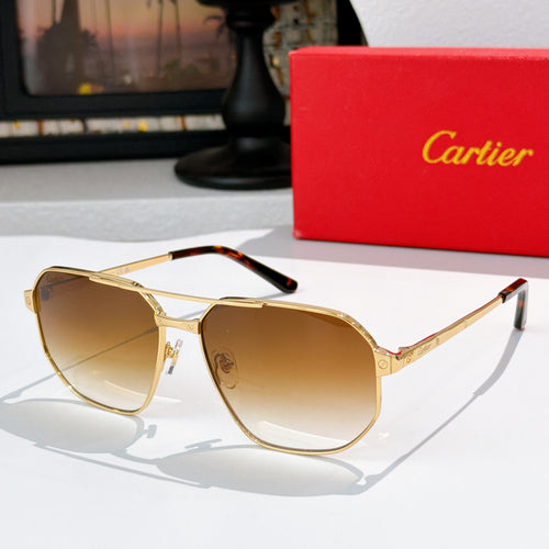 Cartier sunglasses: amber lenses, gold frame, dark tortoise temple tips.