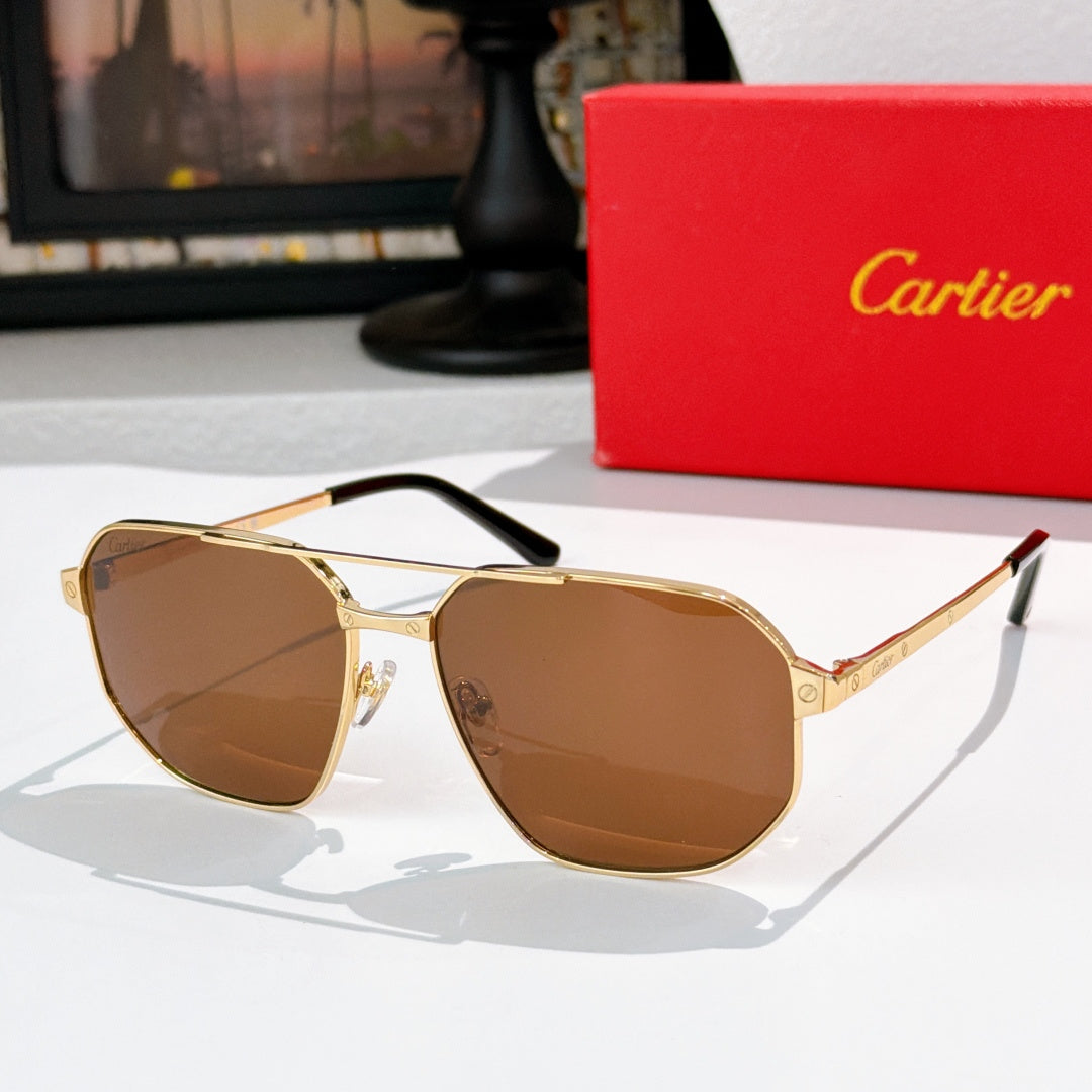 Cartier sunglasses: brown lenses, gold frame, black temple accents.