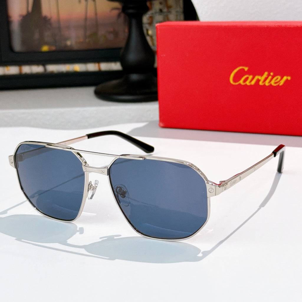 Cartier sunglasses: blue lenses, silver frame, black temple arms.