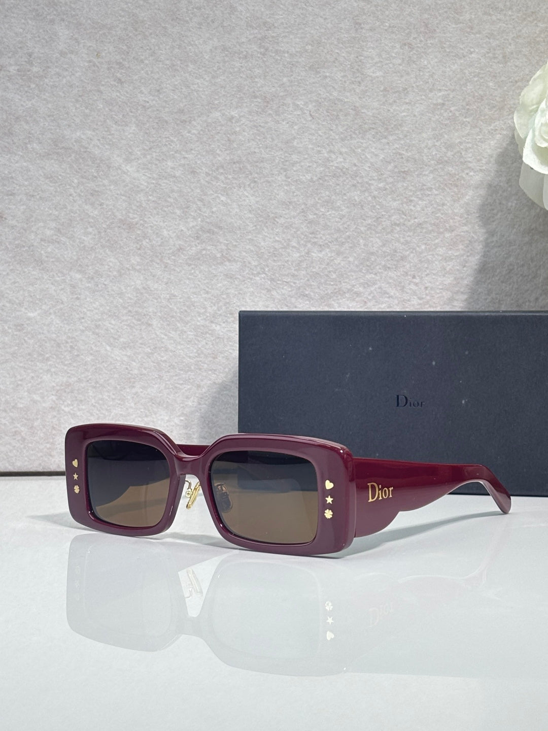 Dior sunglasses with burgundy frame and dark gray square lenses