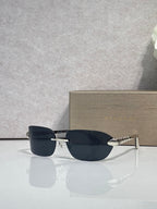 Sunglasses with dark lenses and silver-and-gold metal frame, three-quarter view.