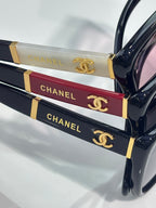 Chanel eyeglasses, multicolor enamel temple stripes with gold CC hardware