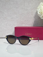 Cartier sunglasses with dark round frames, gold-tone accents, and tinted dark lenses