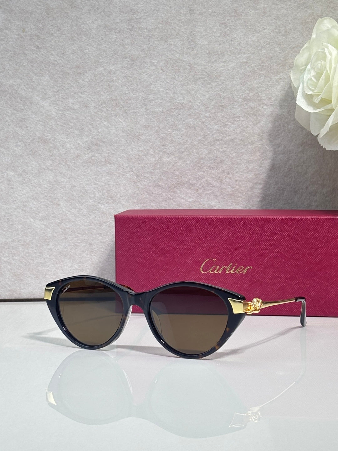 Cartier sunglasses with dark round frames, gold-tone accents, and tinted dark lenses