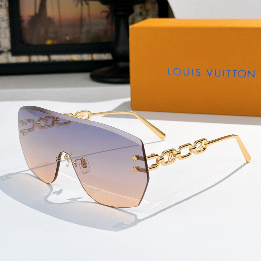 Louis Vuitton sunglasses with blue gradient lenses and gold chain detail frames