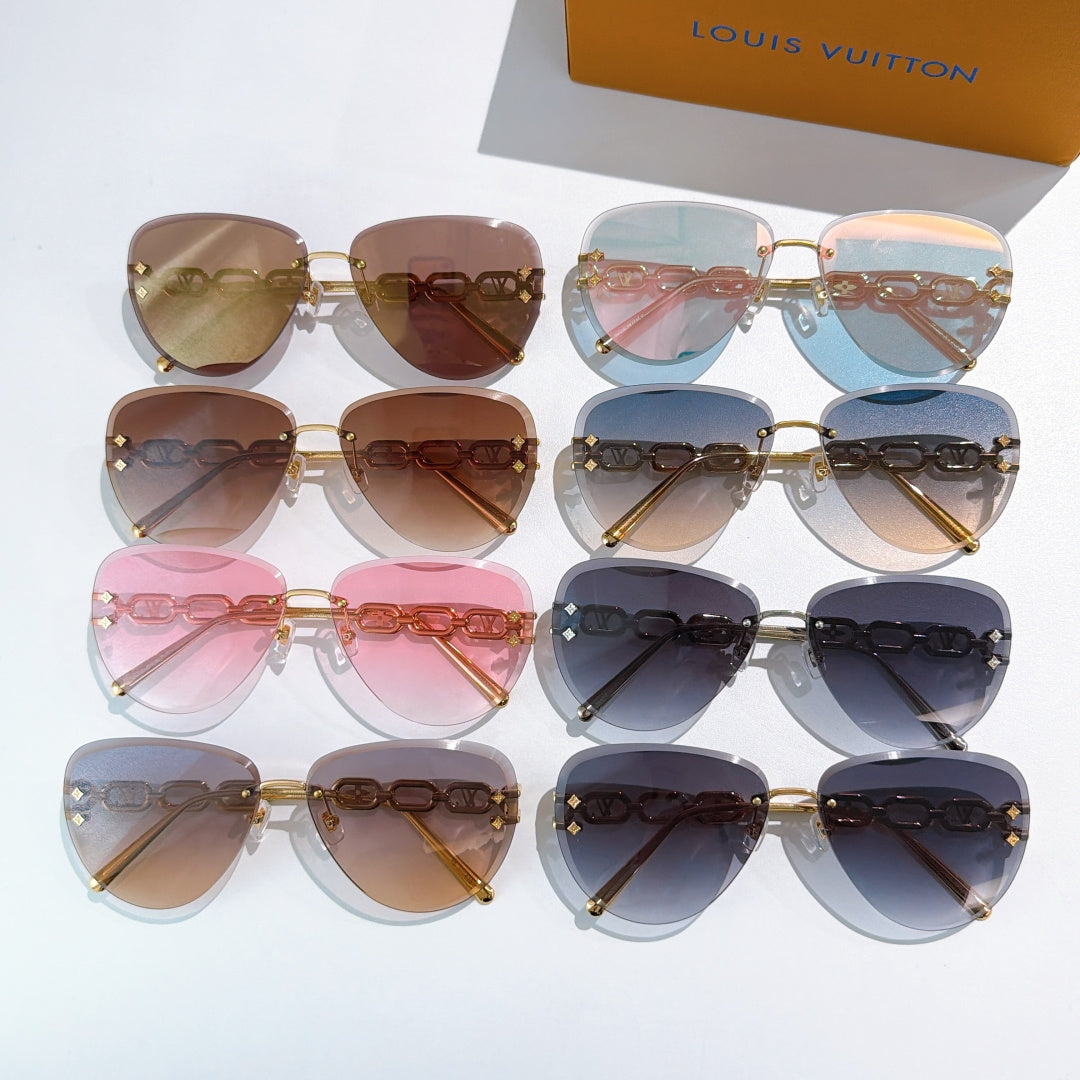 Louis Vuitton sunglasses assortment featuring multiple pairs with tinted lenses