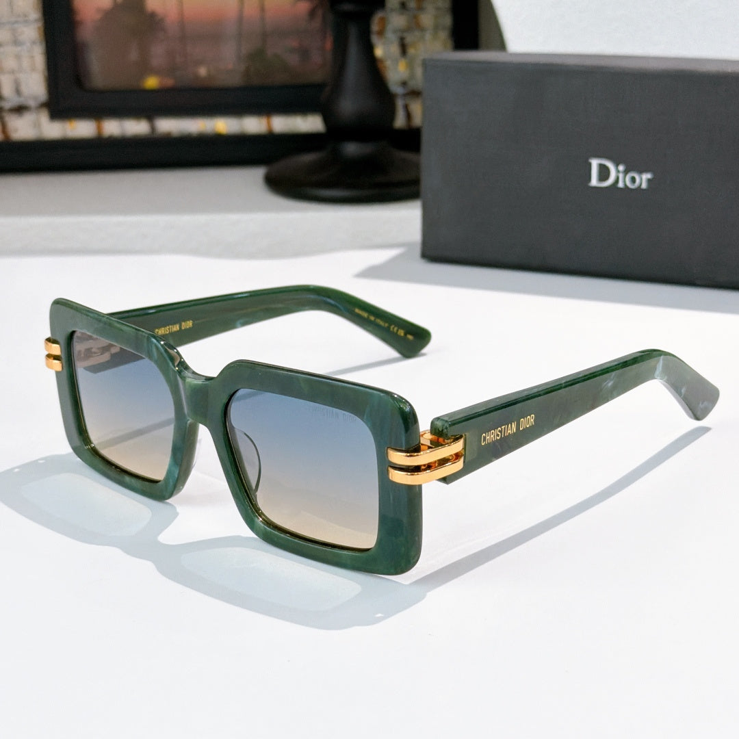 Dior square sunglasses, green translucent frames with gold bar and blue-tinted lenses