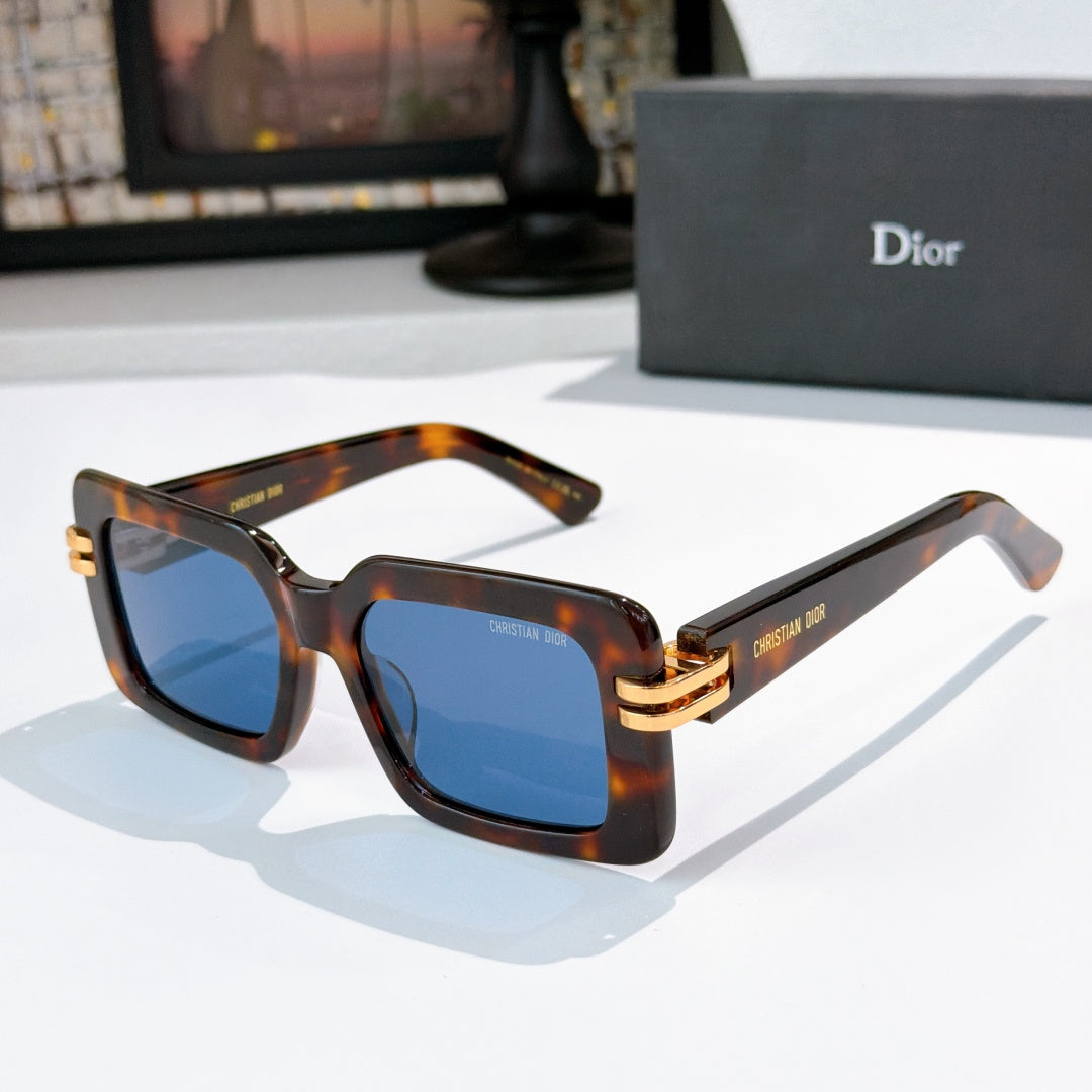 Dior square sunglasses, tortoise brown frames with gold bar and blue lenses
