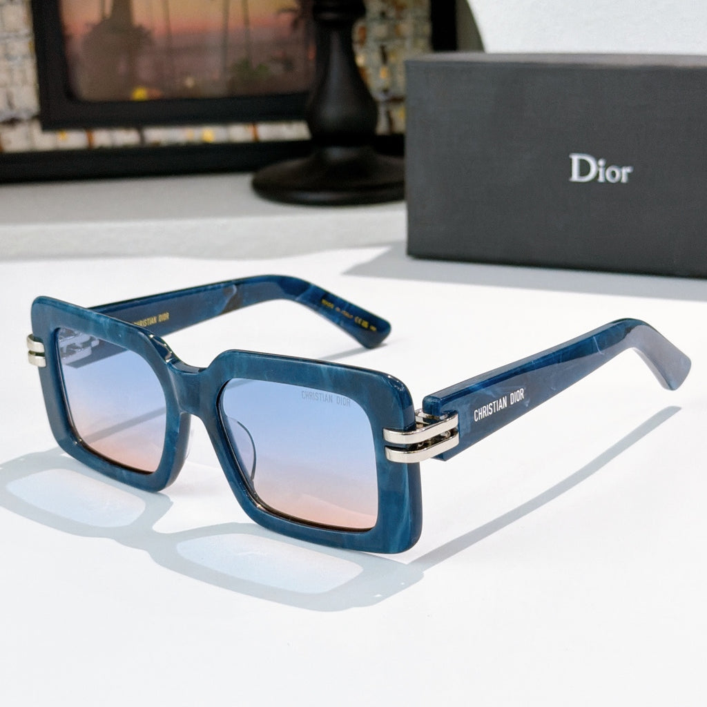 Dior square sunglasses, blue frames with gold bar and gradient blue lenses