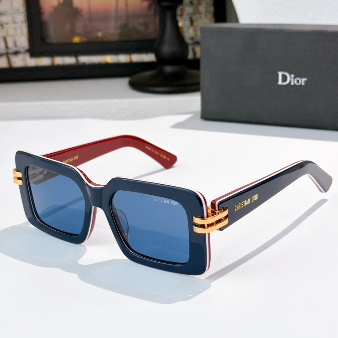 Dior square sunglasses, navy frames with gold bar and blue lenses, red accents
