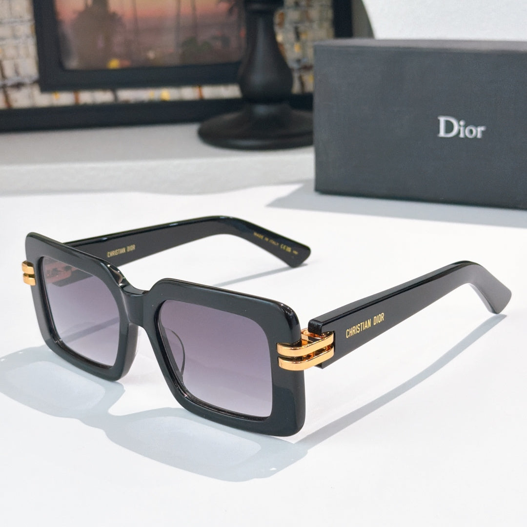 Dior square sunglasses, dark frames with gold bar and purple-tinted lenses