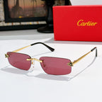 Gold frame glasses with pink tinted lenses and black temple arms