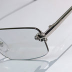 Metal glasses close-up with black temple arm and engraved logo detail