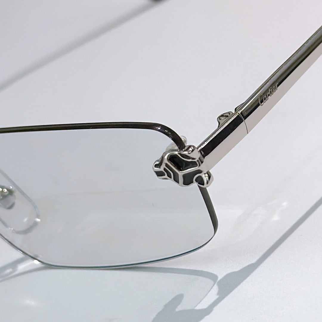 Metal glasses close-up with black temple arm and engraved logo detail