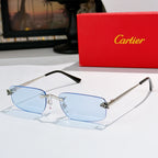 Gold frame glasses with light blue tinted lenses and black temple arms