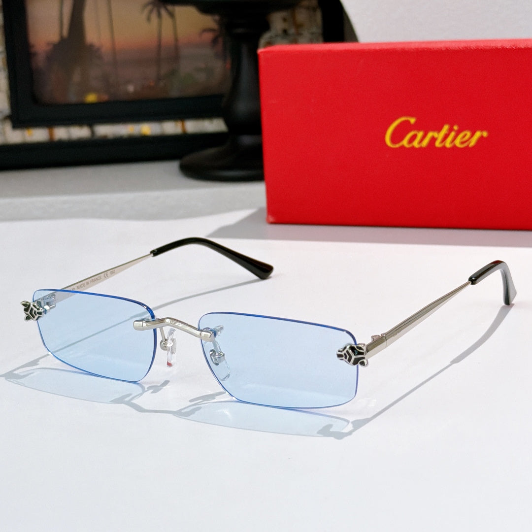 Gold frame glasses with light blue tinted lenses and black temple arms