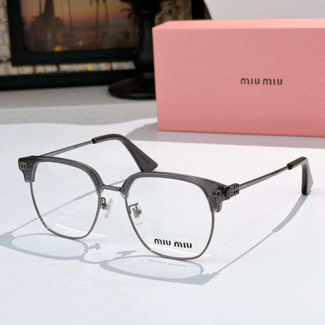 MiuMiu eyeglasses with dark gray full-rim frame and clear lenses, metal arms