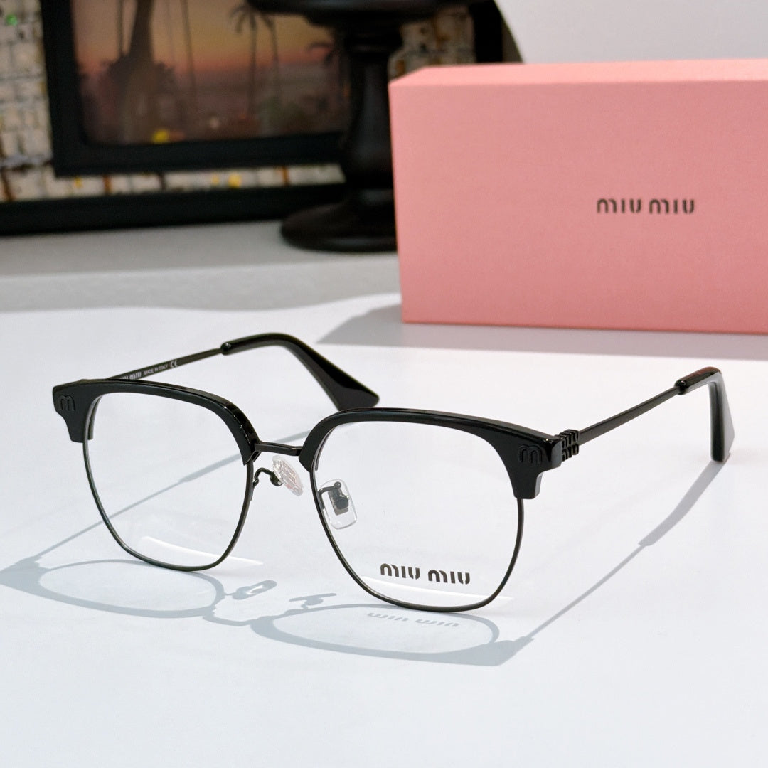 MiuMiu eyeglasses with black full-rim frame and clear lenses, metal temples
