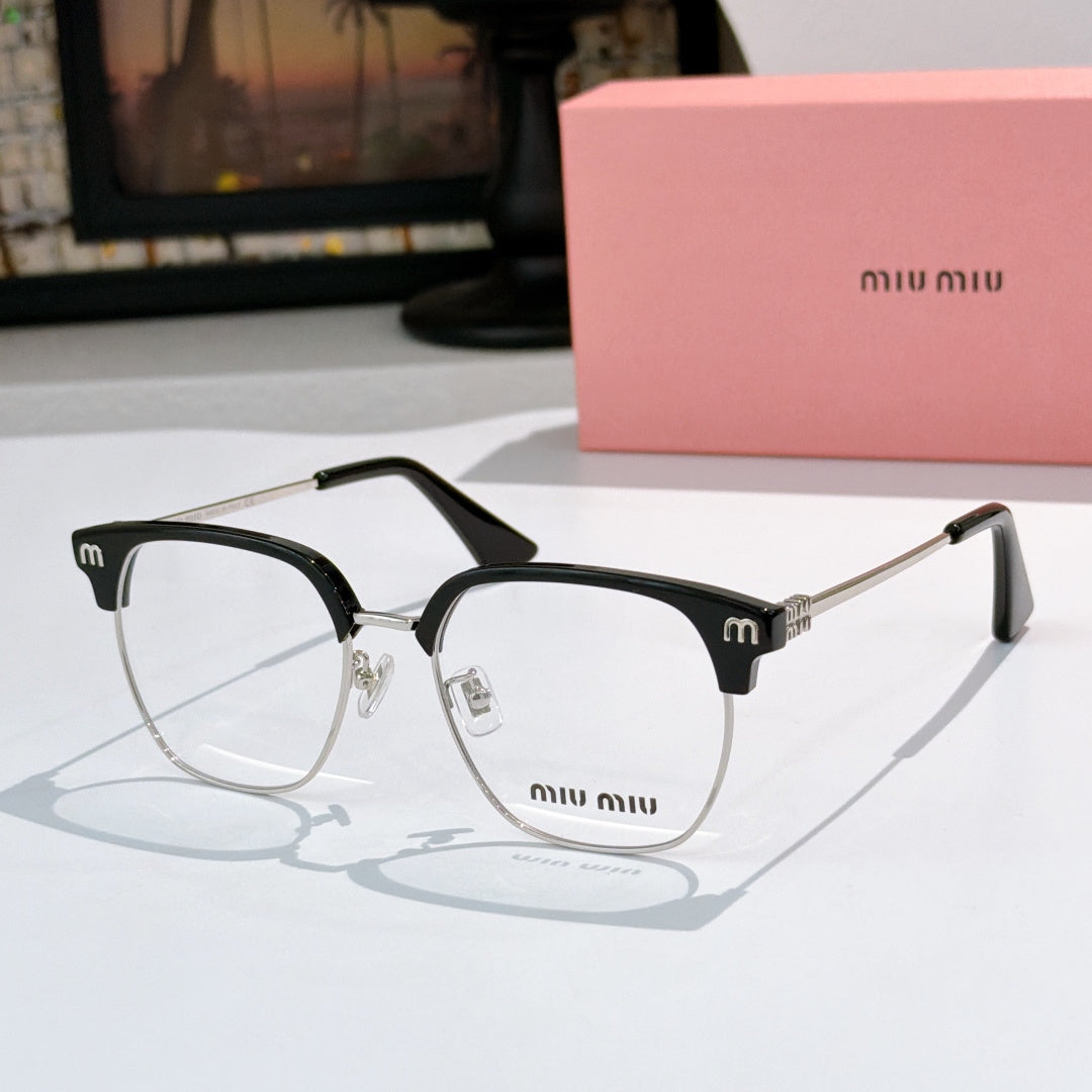 MiuMiu eyeglasses with black full-rim frame, clear lenses, angled metal arms