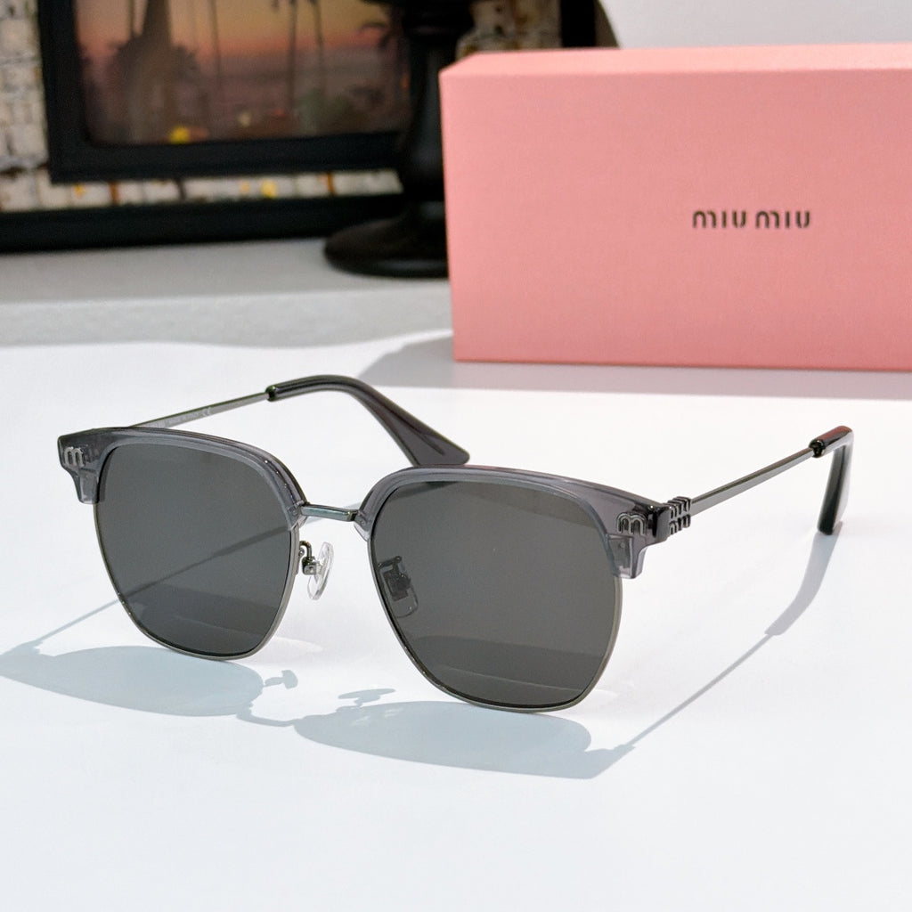Sunglasses with dark gray lenses and clear dark frame, logo detail on temples, metal hinges