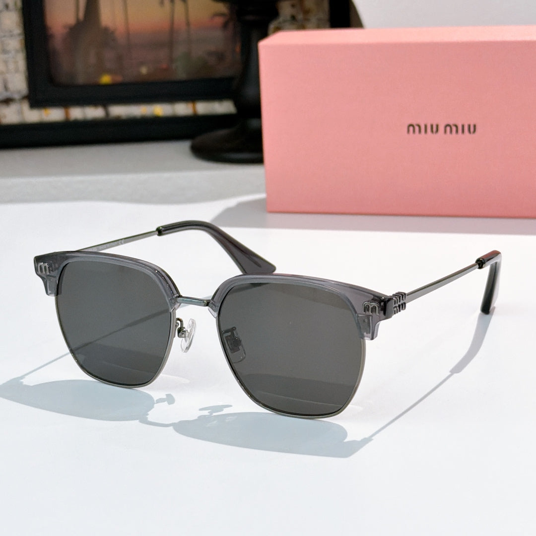 Sunglasses with dark gray lenses and clear dark frame, logo detail on temples, metal hinges