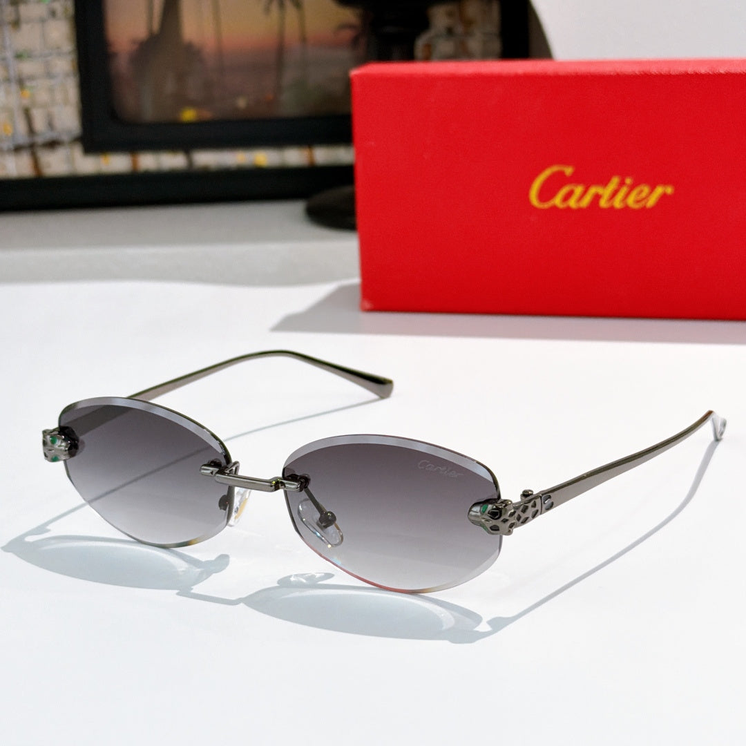 Cartier round sunglasses with gold frames, dark gray lenses, leopard-pattern temples.
