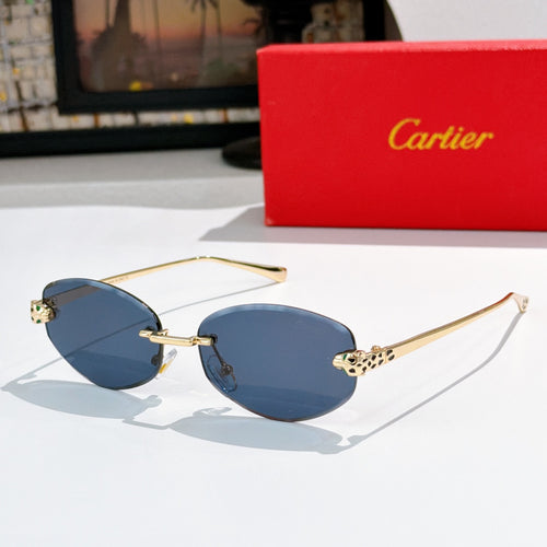 Cartier round sunglasses with gold frames, blue lenses, leopard-pattern temples.