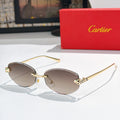 Cartier round sunglasses with gold frames, taupe lenses, leopard-pattern temples.