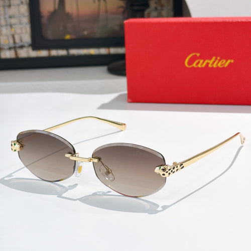 Cartier round sunglasses with gold frames, taupe lenses, leopard-pattern temples.