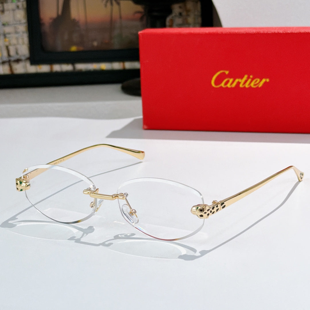 Cartier round eyeglasses with gold frames, clear lenses, leopard-pattern temples.