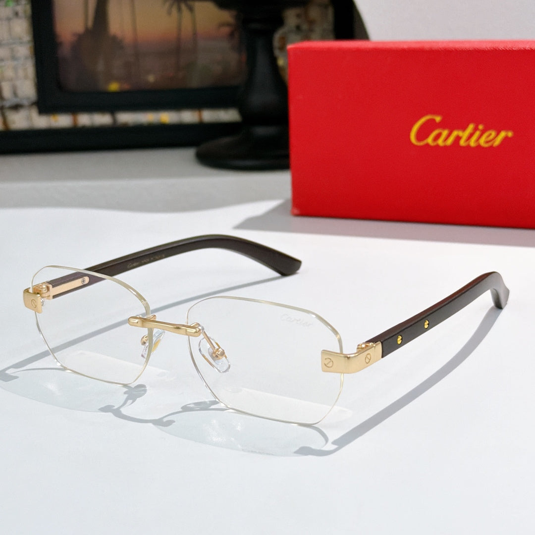 Cartier clear-lens glasses with gold-tone frame and dark brown temples
