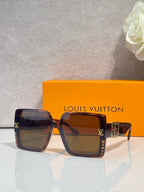 Louis Vuitton square sunglasses, dark tortoise frames, tinted lenses, LV logo temples