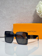 Louis Vuitton square sunglasses, dark blue frames, tinted lenses, LV logo on temples
