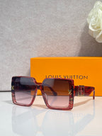 Louis Vuitton square sunglasses, tortoise and brown frames, tinted lenses, LV logo temples