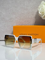 Louis Vuitton chunky square sunglasses, white frames, tinted yellow lenses, LV logo temples