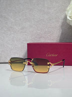 Cartier acetate eyeglasses with burgundy frame, dark lenses, and gold-tone hardware